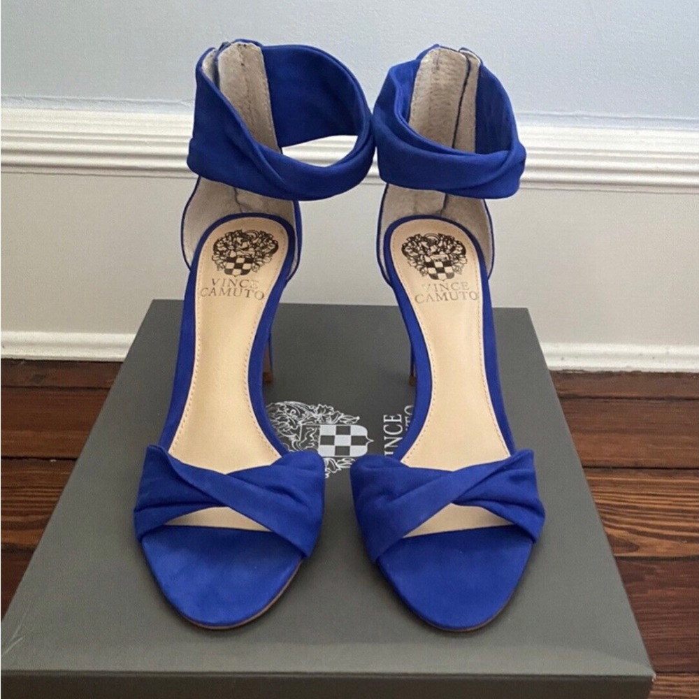 Vince Camuto blue suede sandal heels.